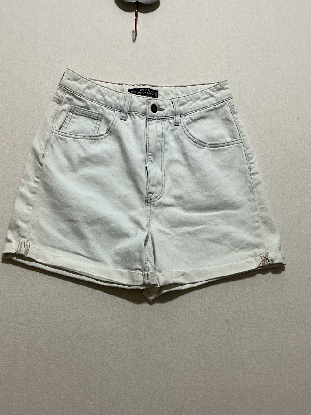 Zara Off-White High-Waist Rolled Denim Shorts light blue